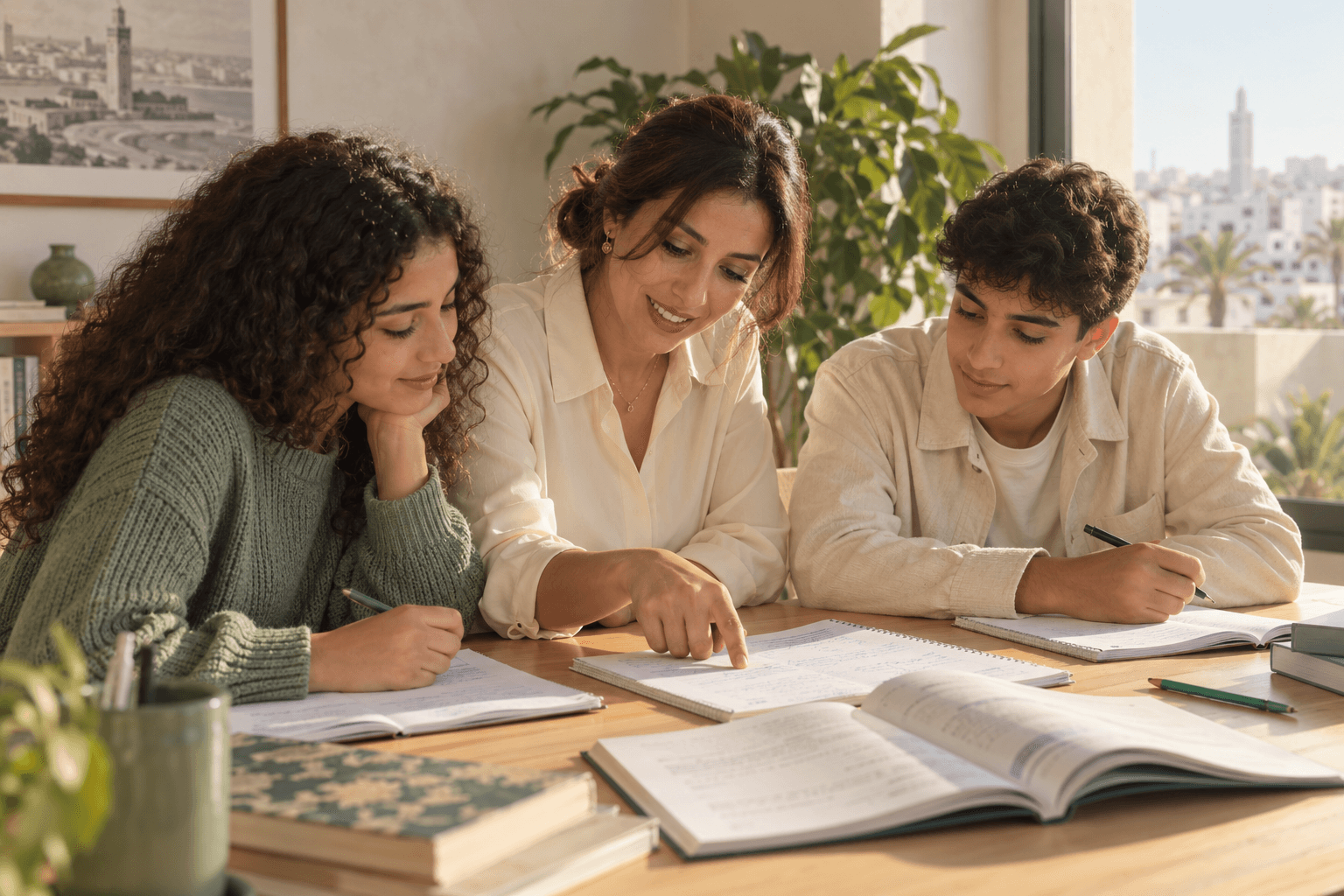 Illustration d’une enseignante accompagnant deux adolescents dans leurs exercices